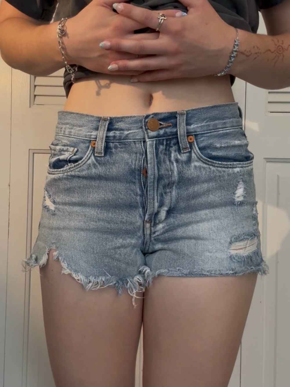 Blank NYC Light Blue Distressed Denim Mini Shorts